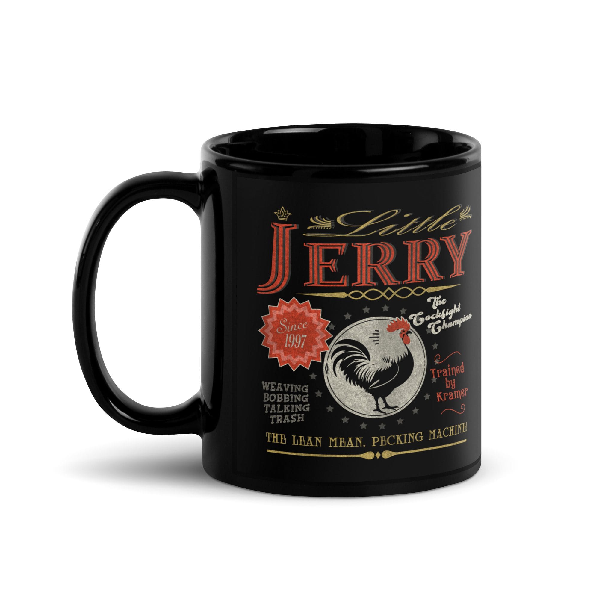 Little Jerry Seinfeld Black Glossy Mug– Kramer’s Rooster Champion Vintage 90s Coffee Cup
