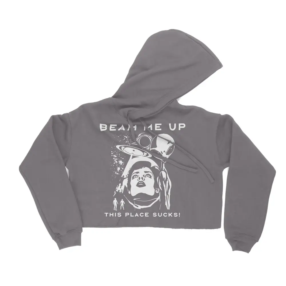 Alternative view of Beam Me Up This Place Sucks Stranger Things cropped hoodie for women.