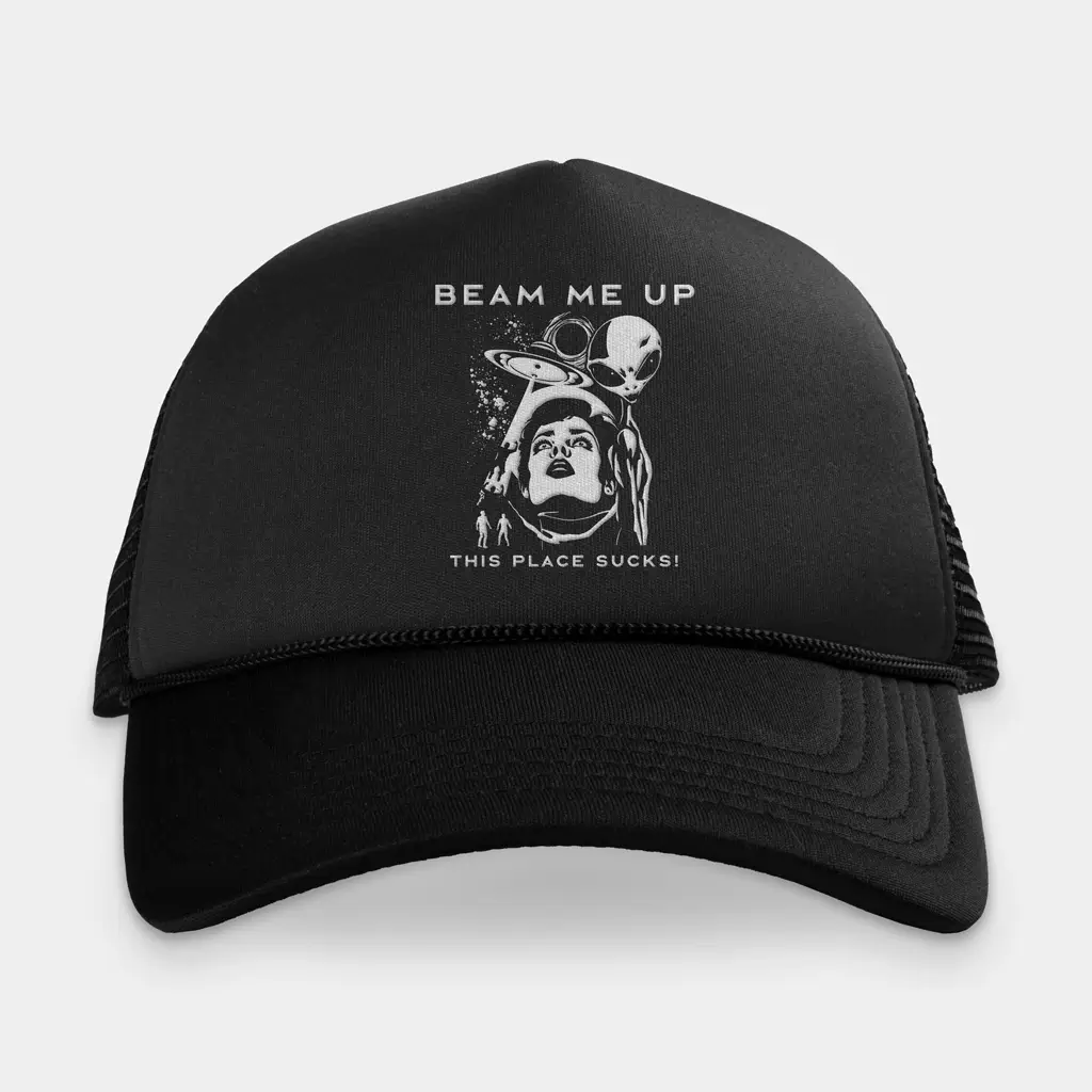 Alternative view of Beam Me Up This Place Sucks Stranger Things trucker hat